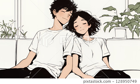 幸福的一對：在客廳聊天（簡單的顏色） 128950749