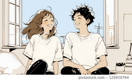 Happy couple: chatting in the living room (simple colors) 128950764