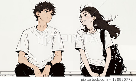 幸福的一對：坐著聊天（簡單的顏色） 128950772