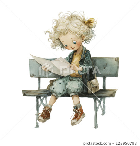 Young girl intently studies map while sitting on bench, seemingly lost in thought and determined to find her way. little explorer is full of hope 128950798