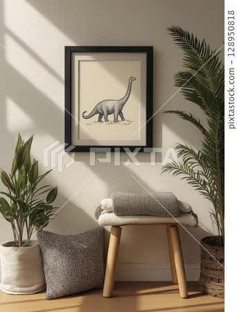 Framed drawing of brachiosaurus above stool evokes feeling of childhood wonder, complemented by lush greenery and warm light of room 128950818