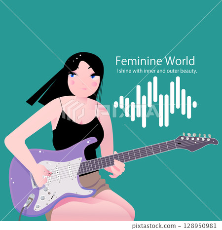 一個可愛的女人唱歌和彈電吉他 128950981