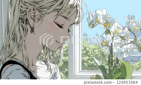 拿著蘭花的年輕女子 128951064