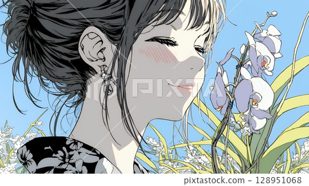 拿著蘭花的年輕女子 128951068