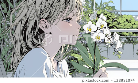Young woman with orchid flower 128951074