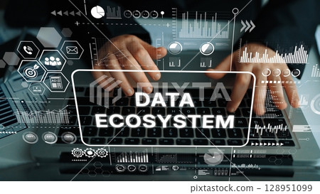 Business professional working on laptop with data ecosystem interface showcasing analytics and technology charts and graphs. Asymptotic smart data analytic Business professional working on laptop with data ecosystem interface showcasing analytics and technology charts and graphs. Asymptotic smart data analytic 128951099