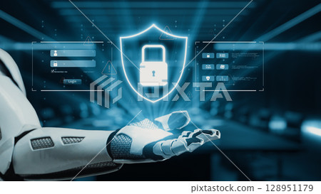 Futuristic robotic hand showcasing cybersecurity concepts with digital shield and padlock in a modern office environment emphasizing technology and security. Auvana Futuristic robotic hand showcasing cybersecurity concepts with digital shield and padlock in a modern office environment emphasizing technology and security. Auvana 128951179