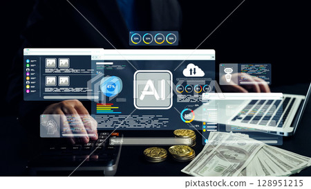 Modern technology and AI integration in finance, showcasing digital data analysis with hands on keyboard, coins, and dollar bills on a dark background. Qubit Modern technology and AI integration in finance, showcasing digital data analysis with hands on keyboard, coins, and dollar bills on a dark background. Qubit 128951215