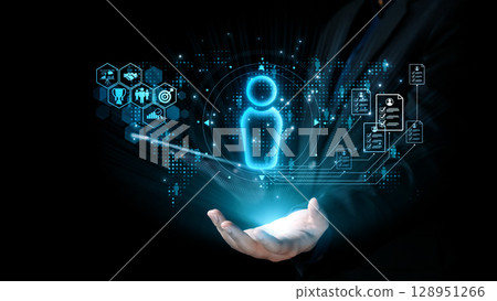 Innovative Digital Technology Concept Representing Data Analysis and Human Interaction in Business Visualized Through Futuristic Graphics. Qubit 128951266