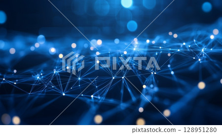 Polygonal blue dot and line glow light with network connection blurred background technology 128951280