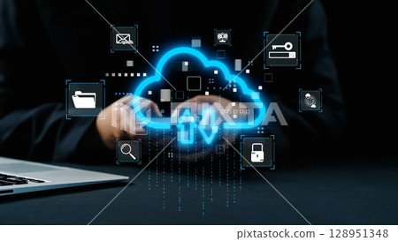 Modern Cloud Technology Concept with Digital Interface for Data Storage and Transfer, Business and Technology Integration in a Digital Age. Qubit 128951348