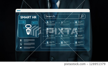 Futuristic Human Resources Concept with AI Technology and Digital Interface for Smart HR Solutions in Professional Setting. Qubit Futuristic Human Resources Concept with AI Technology and Digital Interface for Smart HR Solutions in Professional Setting. Qubit 128951379