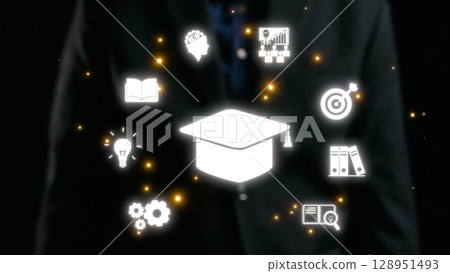 Abstract representation of education and learning with digital icons and a graduation cap over a dark background emphasizing knowledge and achievement. Qubit Abstract representation of education and learning with digital icons and a graduation cap over a dark background emphasizing knowledge and achievement. Qubit 128951493