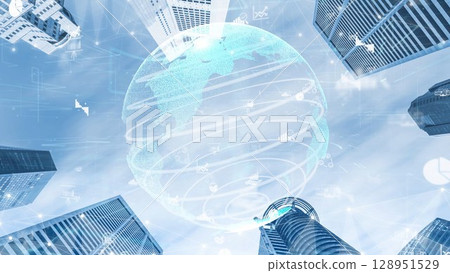Modern city skyline with digital world map, skyscrapers, and abstract technology graphics symbolizing global connectivity and innovation xenic 128951529
