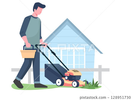 A man is using a lawnmower in the garden. 128951730