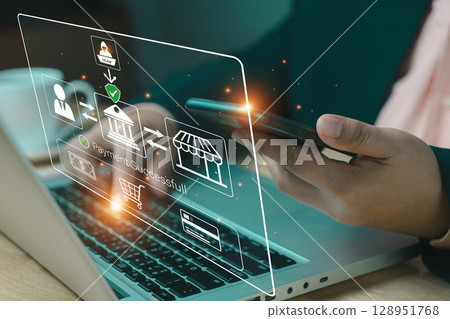 Order Confirmed. Online payment with digital marketing, Online shopping and e-commerce. Banking online payment Approved concept button. Credit card and network connection icon on business technology. Order Confirmed. Online payment with digital marketing, Online shopping and e-commerce. Banking online payment Approved concept button. Credit card and network connection icon on business technology. 128951768