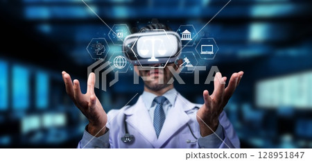 Doctor in Virtual Reality Headset Exploring Digital Concepts and Medical Innovations in a Modern Clinic Environment. PHMT Doctor in Virtual Reality Headset Exploring Digital Concepts and Medical Innovations in a Modern Clinic Environment. PHMT 128951847