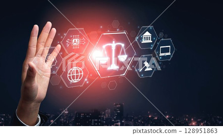 Digital law interface displaying justice scale, highlighting digital law Muxer 128951863