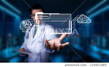 Doctor Engaging with AI Chatbot Technology in a Modern Healthcare Environment for Enhanced Patient Interaction and Virtual Assistance. PHMT 128951869