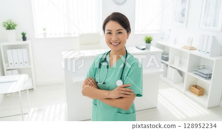Smiling Female Healthcare Professional in Modern Clinic Smiling Female Healthcare Professional in Modern Clinic 128952234