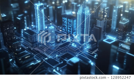 Network connection line light smart building city modern future technology 128952247