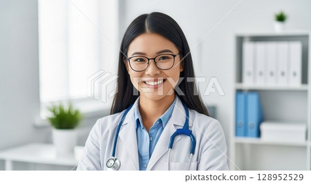 Smiling Female Doctor in Modern Medical Office - AI-generated image 128952529
