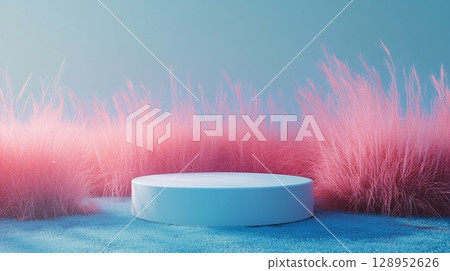 Podium stage with grass show case display wall blue background 128952626