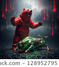 3D illustration of stock market crash. Red polygonal bear and broken bull. 128952795