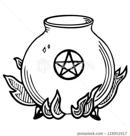 Burning witch cauldron vector illustration on white background. Design element for halloween greeting cards and tattoo Burning witch cauldron vector illustration on white background. Design element for halloween greeting cards and tattoo 128952917