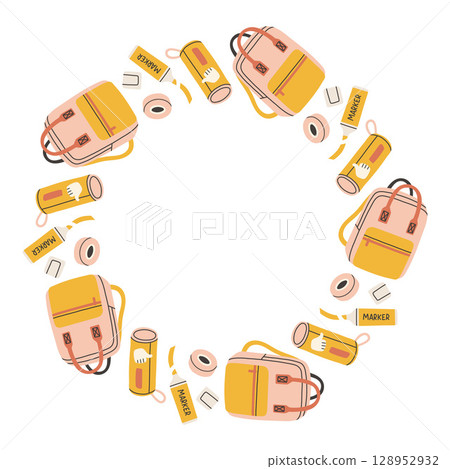Simple school circle frame. Round school themed border made of different school objects. Soft pastel colors back to school hand drawn vector banner isolated on white background. 128952932
