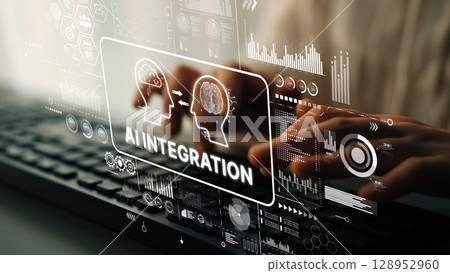 Futuristic Concept of AI Integration with Digital Graphics and Human Interaction Over a Keyboard. Asymptotic smart data analytic 128952960