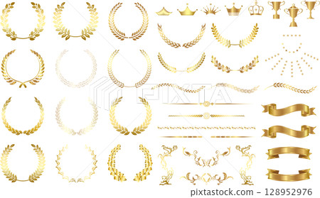 A set of gold-colored laurel wreaths, decorative frames, crowns, ribbons, and trophies A set of gold-colored laurel wreaths, decorative frames, crowns, ribbons, and trophies 128952976