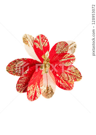 Red poinsettia flower with shiny golden glitter placed on clean white background. Classic artificial Christmas decor for handmade seasonal design. Red poinsettia flower with shiny golden glitter placed on clean white background. Classic artificial Christmas decor for handmade seasonal design. 128953072