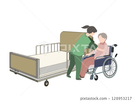 A picture of a caregiver transferring an elderly person who has tried out a care bed to a wheelchair 128953217