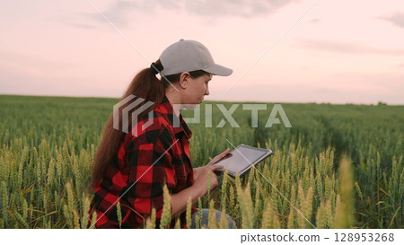 Agriculture, Female farmer using tablet in wheat field, Young woman with tablet in agriculture, Modern technology in agriculture, Woman checking crops with digital tablet, Smart farming concept 128953268