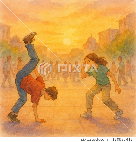 夕陽下的街舞 | 夕陽下的青春街舞表演 水彩畫 128953415