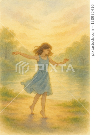 Girl spinning under the setting sun | Dynamic youth and light dancing by the lake, watercolor painting Girl spinning under the setting sun | Dynamic youth and light dancing by the lake, watercolor painting 128953416