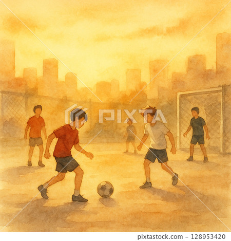 夕陽下踢足球的男孩 | 孩子們在城城體育場奔跑 水彩畫 128953420