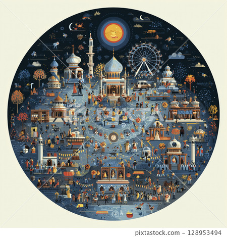 Illustration of vibrant festival scene with diverse activities, colorful decorations, and joyful people celebrating around iconic structures night 128953494
