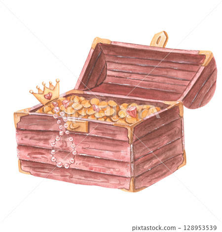 Watercolor kids hand draw treasure chest. Watercolor kids hand draw treasure chest. 128953539