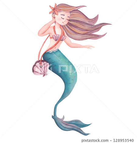 Watercolor cute mermaid in blue. Children's illustration for scrapbooking Watercolor cute mermaid in blue. Children's illustration for scrapbooking 128953540