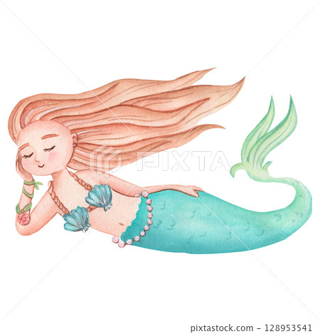 Watercolor cute mermaid in blue. Children's illustration for scrapbooking Watercolor cute mermaid in blue. Children's illustration for scrapbooking 128953541