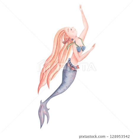 Watercolor cute mermaid in blue. Children's illustration for scrapbooking Watercolor cute mermaid in blue. Children's illustration for scrapbooking 128953542