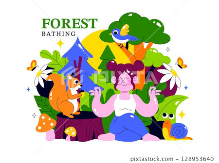 Forest Bathing Vector Illustration featuring a Person Surrounded by Tranquil Greenery, Wellness, Recreational Ecotherapy, and Connection with Nature 128953640