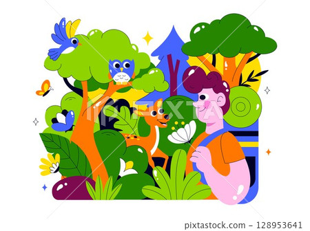 Forest Bathing Vector Illustration featuring a Person Surrounded by Tranquil Greenery, Wellness, Recreational Ecotherapy, and Connection with Nature 128953641
