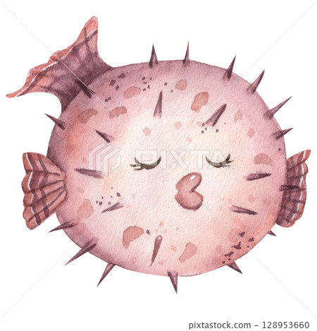 Puffer fish watercolor, cute children's illustration. Puffer fish watercolor, cute children's illustration. 128953660