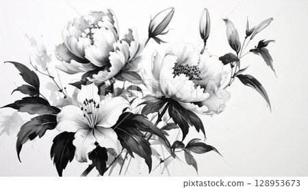 牡丹和百合花的黑白墨水畫 128953673