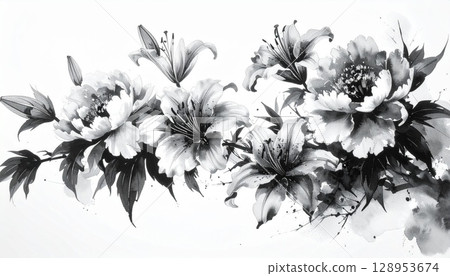 牡丹和百合花的黑白墨水畫 128953674