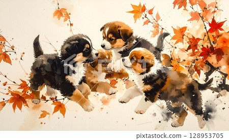 一幅描繪小狗玩耍的彩色水墨畫 一幅描繪小狗玩耍的彩色水墨畫 128953705