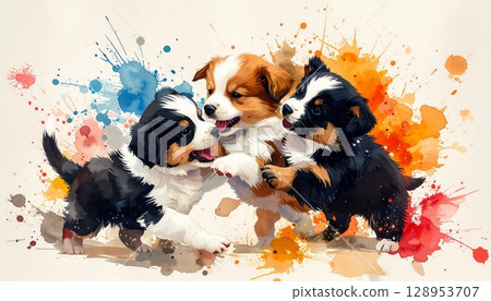 A colorful ink painting of puppies playing 128953707